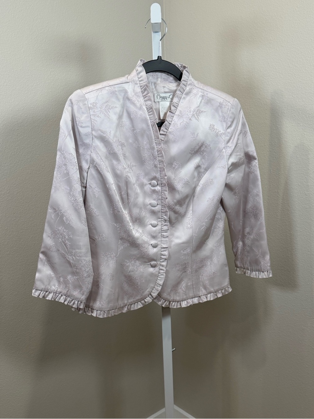 Vintage Maggy L Satin Jacquard Floral Ruffle Blazer Jacket - Size 6 - Lavender